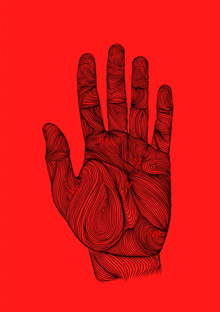 Ilustración editorial final en tinta negra, con fondo rojo separado para maquetación y transparencias