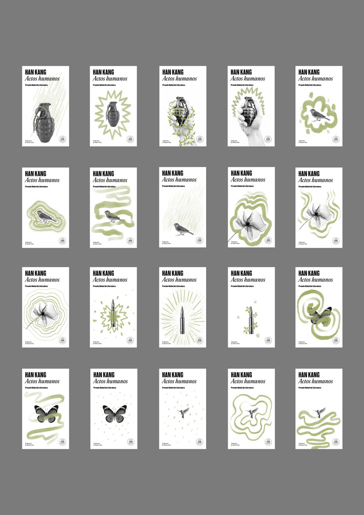 Propuestas de cubierta para Actos humanos con imágenes de referencia y trazo ilustrado, listas para decisión editorial.