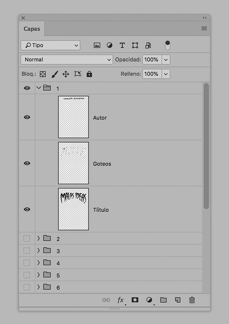 Archivo editable con capas y variantes de lettering organizadas para producción editorial.