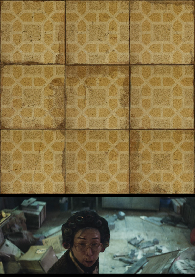 Suelo de baldosas envejecido como prop de gran formato para set: suciedad y desgaste controlados.