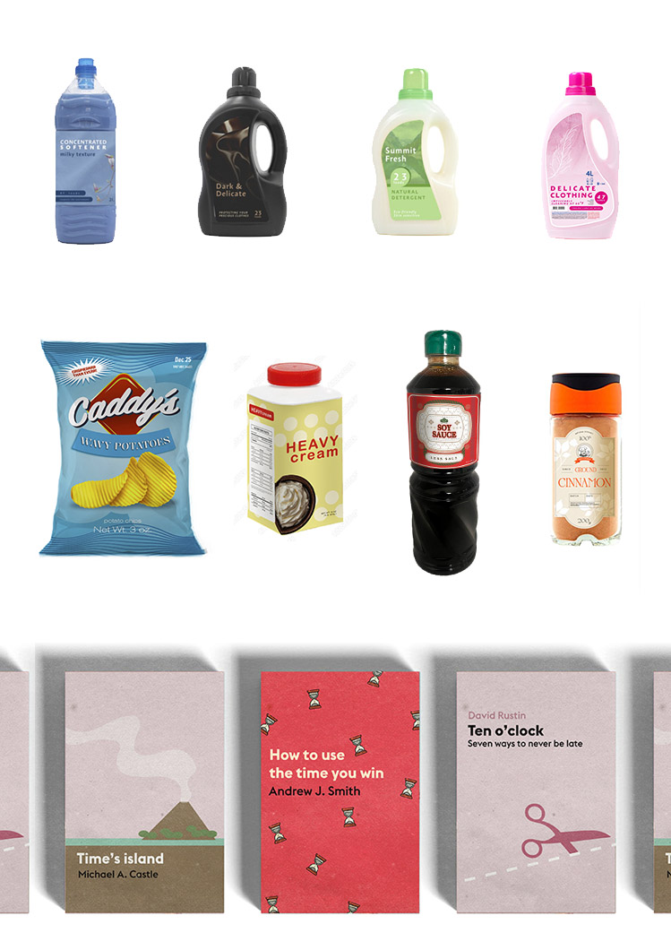 Mockups de packaging ficticio para props: jerarquías, códigos visuales y variedad controlada para set.