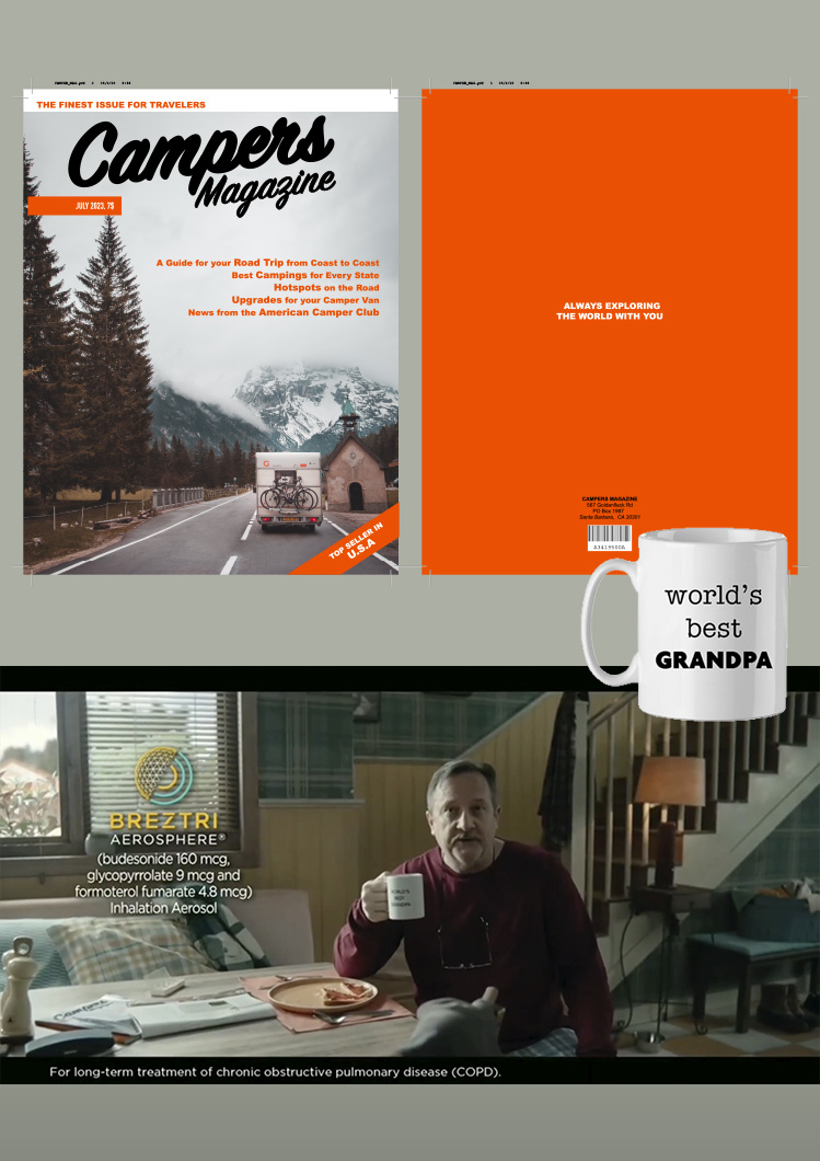 Mockup de revista ficticia y taza como props, con referencia del plano donde aparecen en el spot.